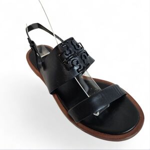Tory Burch Melinda Black Leather Logo Sandals Slingback Slides Size 6.5